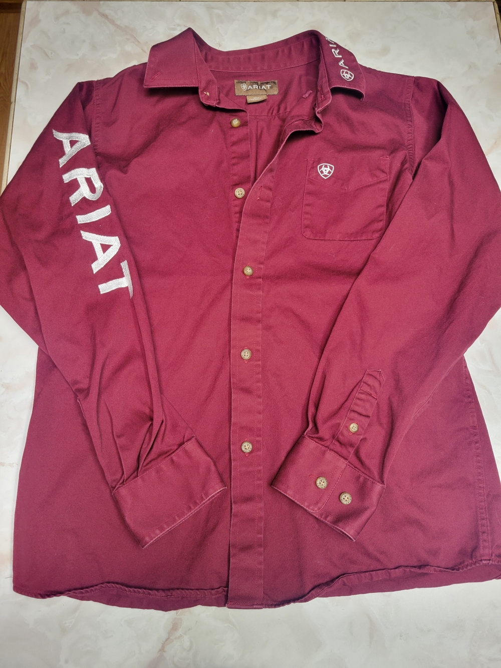 Ariat Boys Button Down Shirt Red Logo Sleeve Western Size Large 14-16
